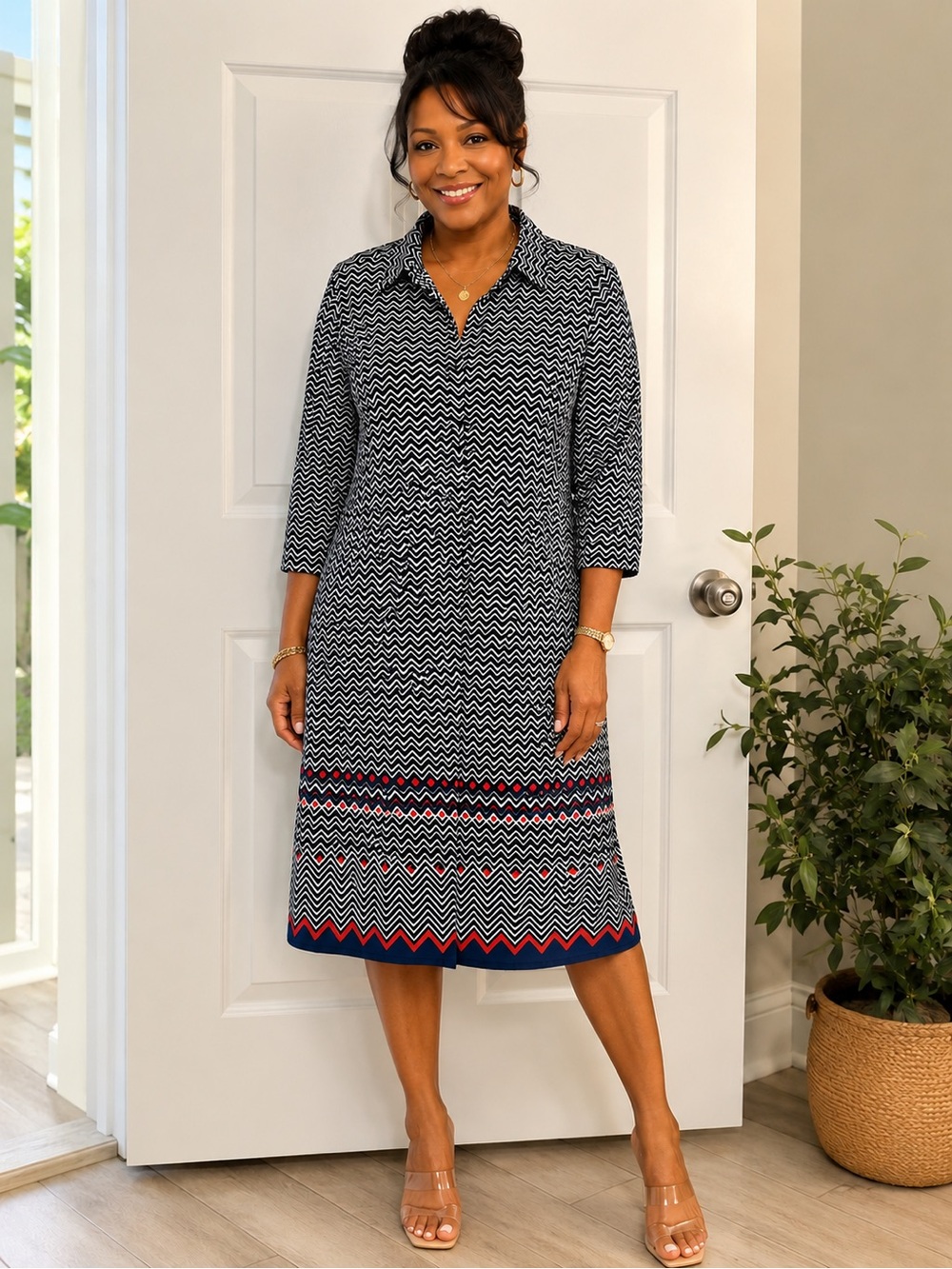 Classic Navy Chevron Shirt Dress - Navy/White